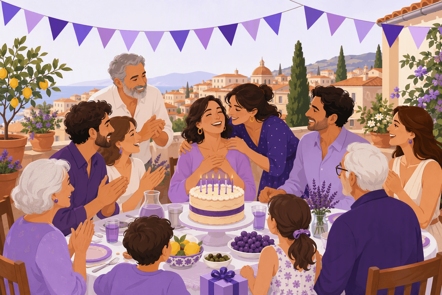 Italian family and friends gathered around a terrace table for a birthday cake with lit candles