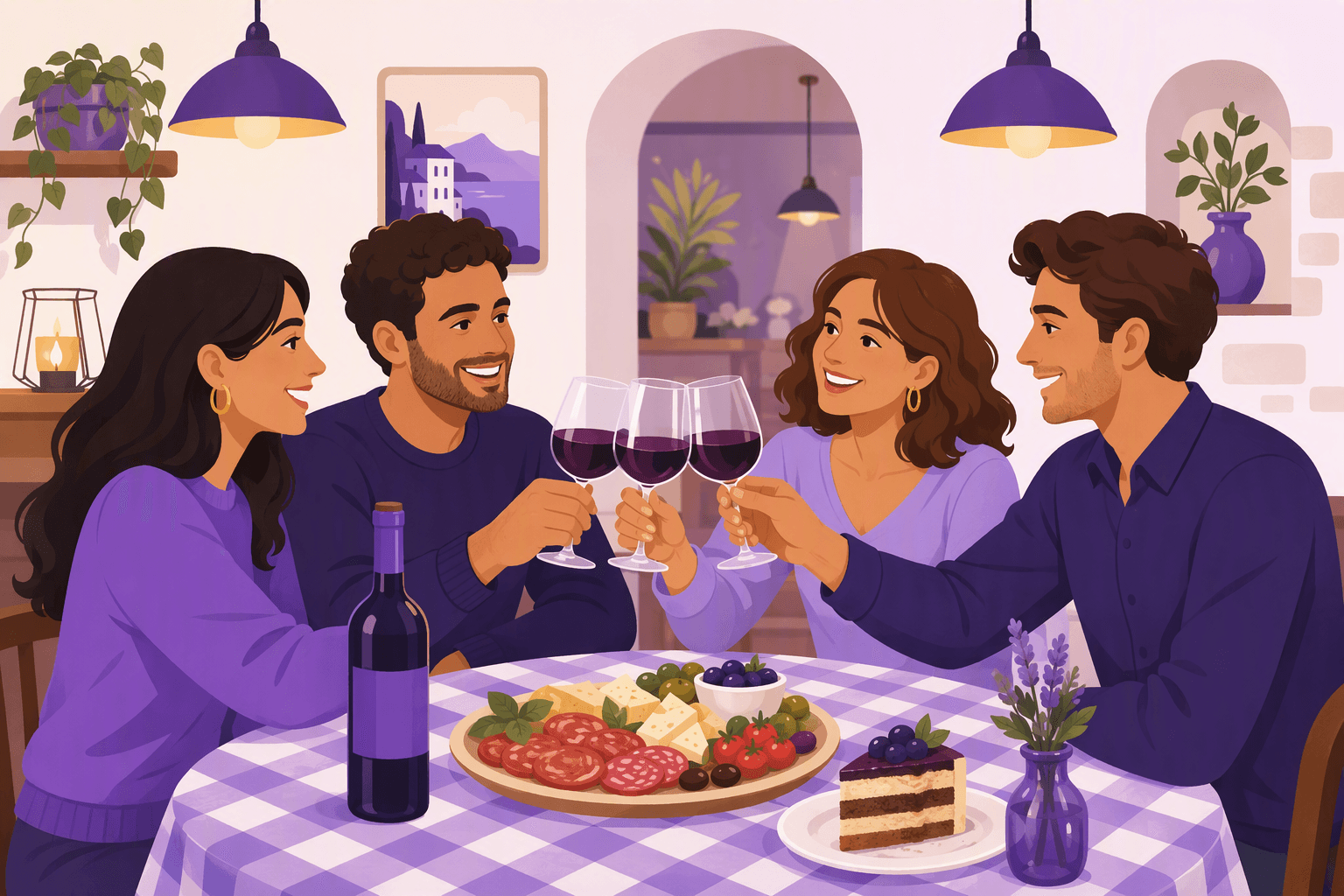 Four friends clinking wine glasses over a trattoria table with antipasti and a slice of cake