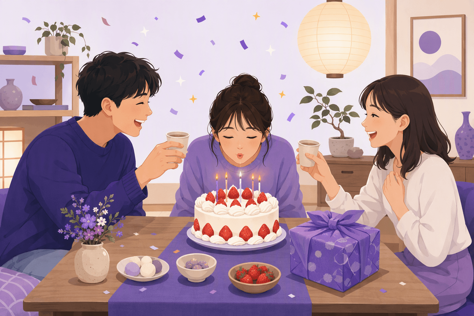 Friends gathered around a Japanese strawberry shortcake with lit candles, a cloth-wrapped gift on the table