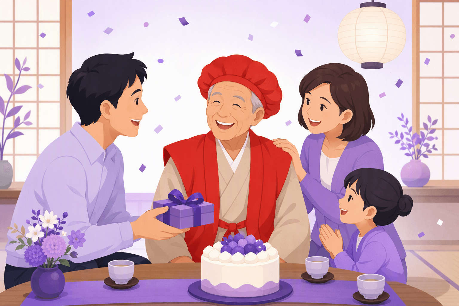 A family celebrating a 60th kanreki birthday, the guest of honour wearing the traditional red vest and cap