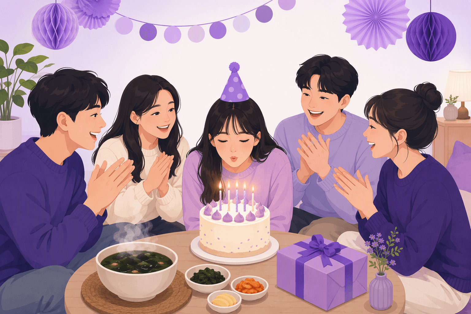 Friends gathered around a birthday cake with lit candles at a Korean birthday celebration, with a bowl of seaweed soup and a wrapped gift on the table