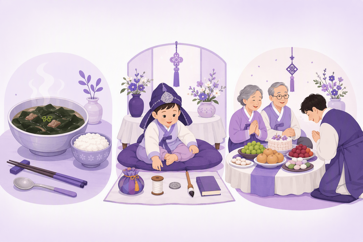 Three Korean birthday traditions side by side: a steaming bowl of seaweed soup with rice, a baby in hanbok at the doljabi first-birthday ceremony reaching for a thread spool and a coin, and a family bowing to elders at a 60th birthday banquet