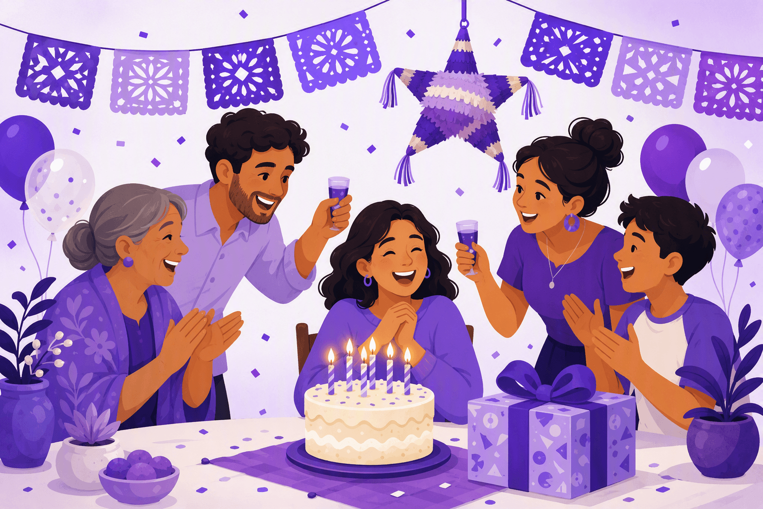 Family and friends gathered around a candlelit birthday cake under papel picado banners and a star piñata, raising glasses and clapping