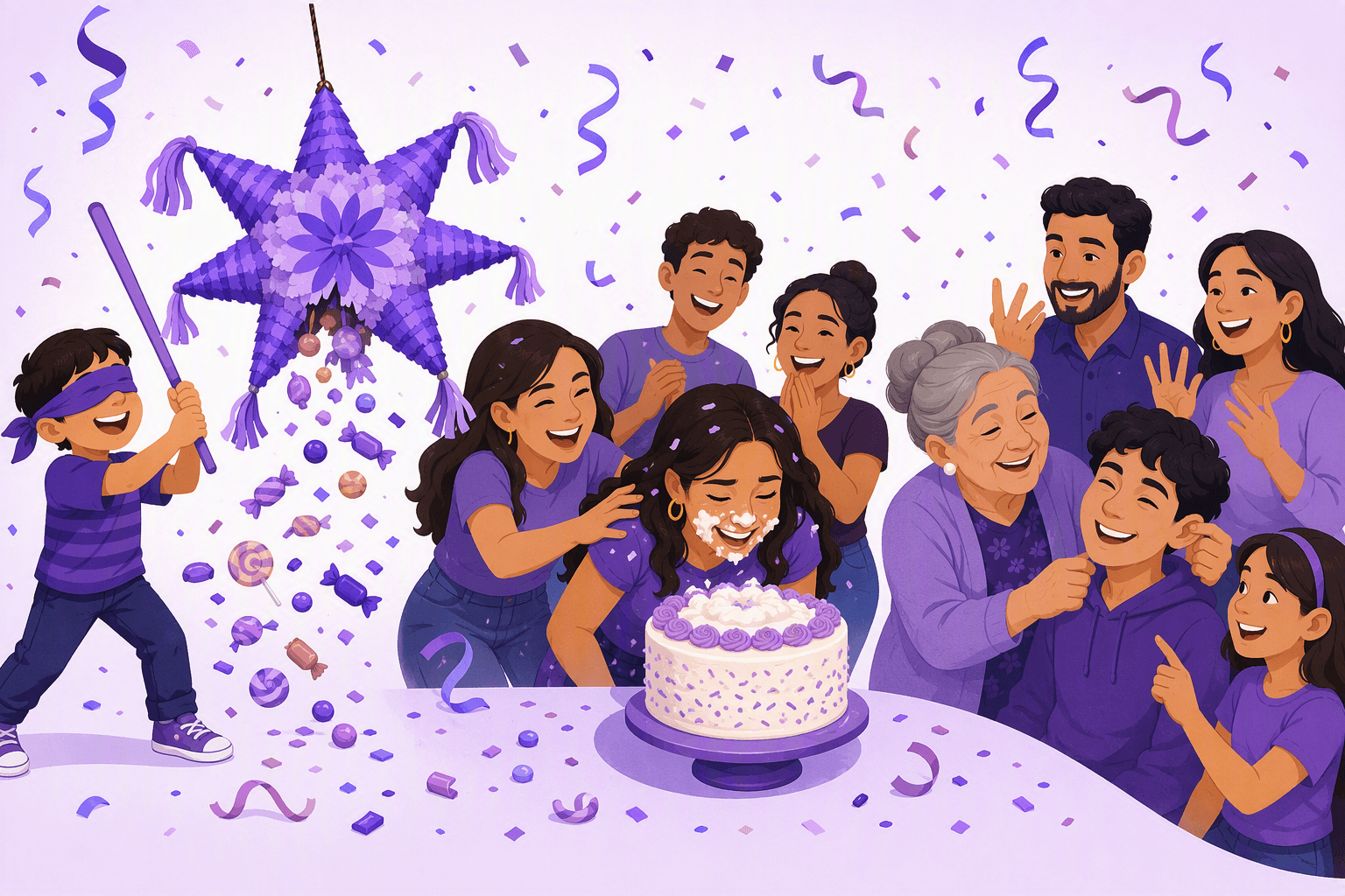 Three birthday customs side by side: a blindfolded child swinging at a star-shaped piñata, a laughing girl nudged face-first into the cake for the mordida, and a grandmother playfully pulling a teenager's earlobe