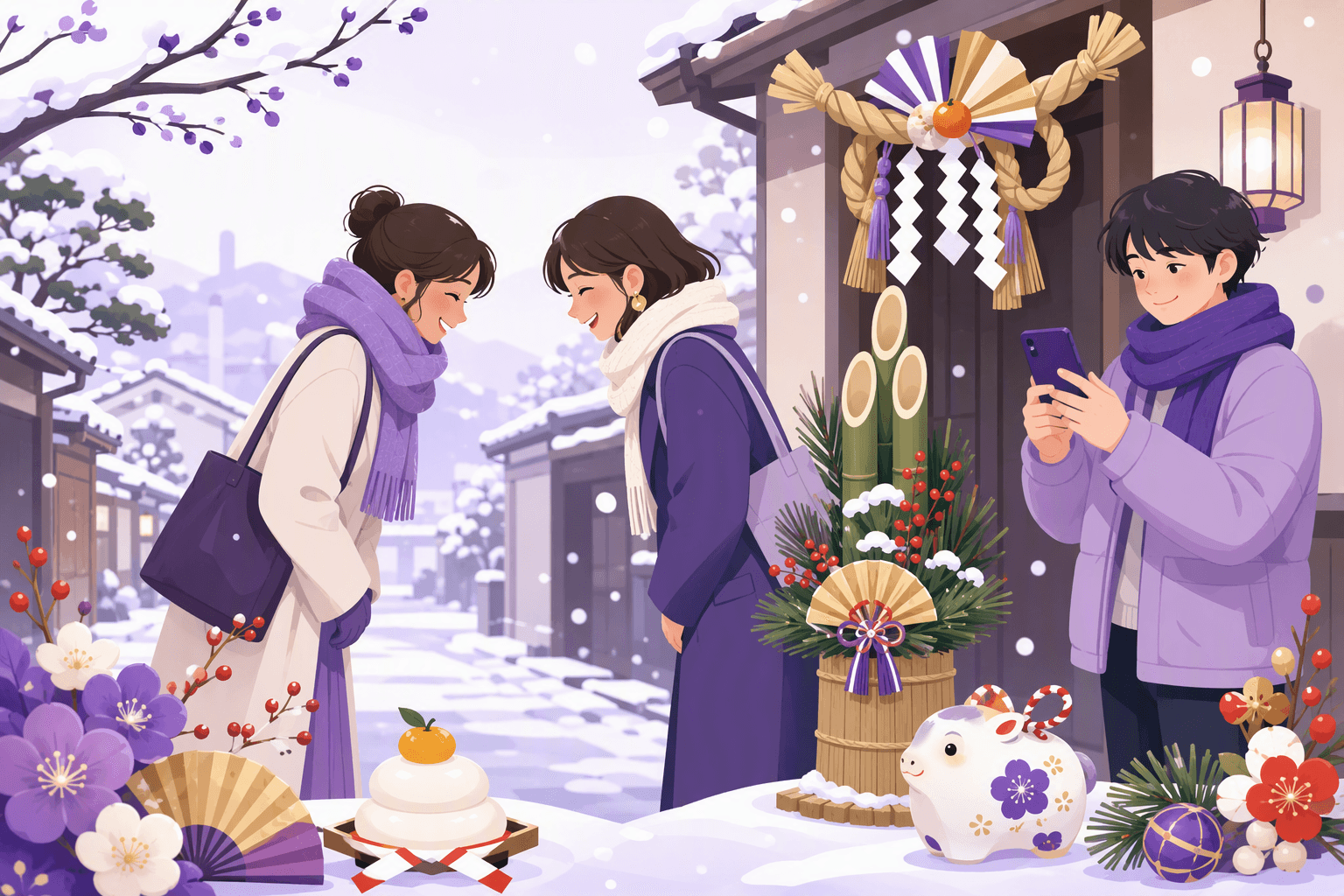 Two friends in winter coats bowing to each other in New Year greeting on a snowy Japanese street, beside a kadomatsu pine-and-bamboo decoration, a shimenawa rope over the doorway, stacked kagami mochi with a mandarin, and a third person sending a greeting from a phone