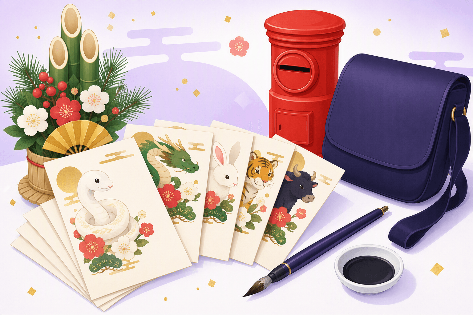 Blank Japanese New Year postcards fanned out on a desk, each printed with a zodiac animal and plum-blossom motif, next to a red postbox, a mail carrier's satchel, a brush pen with an ink dish, and a kadomatsu pine-and-bamboo decoration