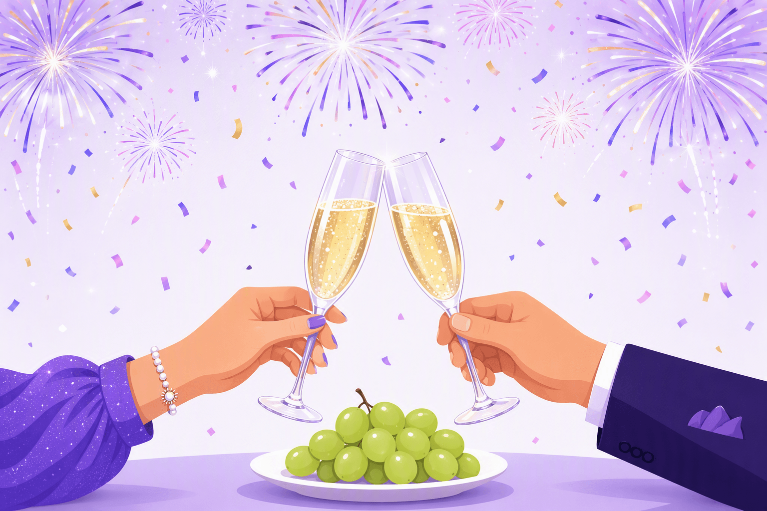 Two people clinking sparkling wine glasses at midnight under fireworks and falling confetti, with a plate of green grapes on the table below
