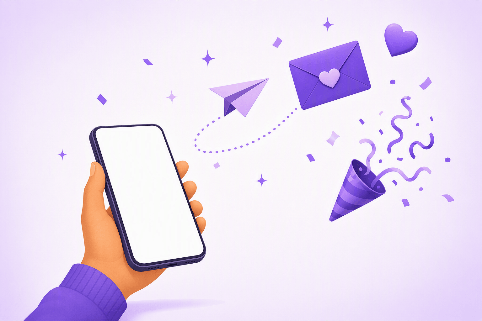 A hand holding a phone beside a paper plane trailing dots, an envelope marked with a heart, a floating heart and a party popper spilling confetti