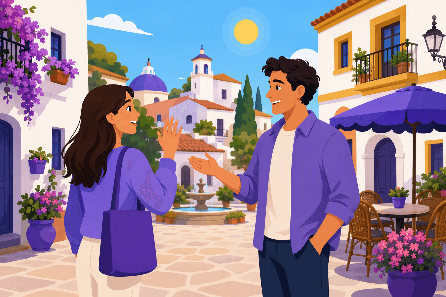 Two people wave goodbye in a sunny Spanish town square surrounded by colorful buildings, a café, potted flowers, and a bright blue sky.