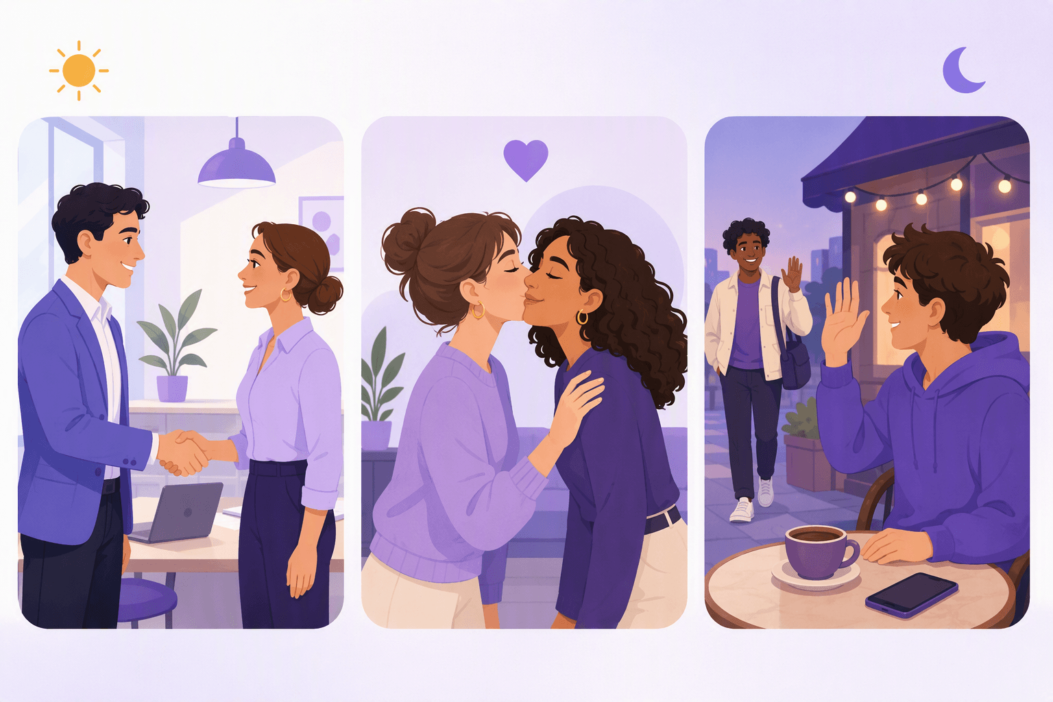 Three French greeting situations side by side: a handshake between colleagues at work, friends exchanging la bise, and a casual wave at a cafe table in the evening