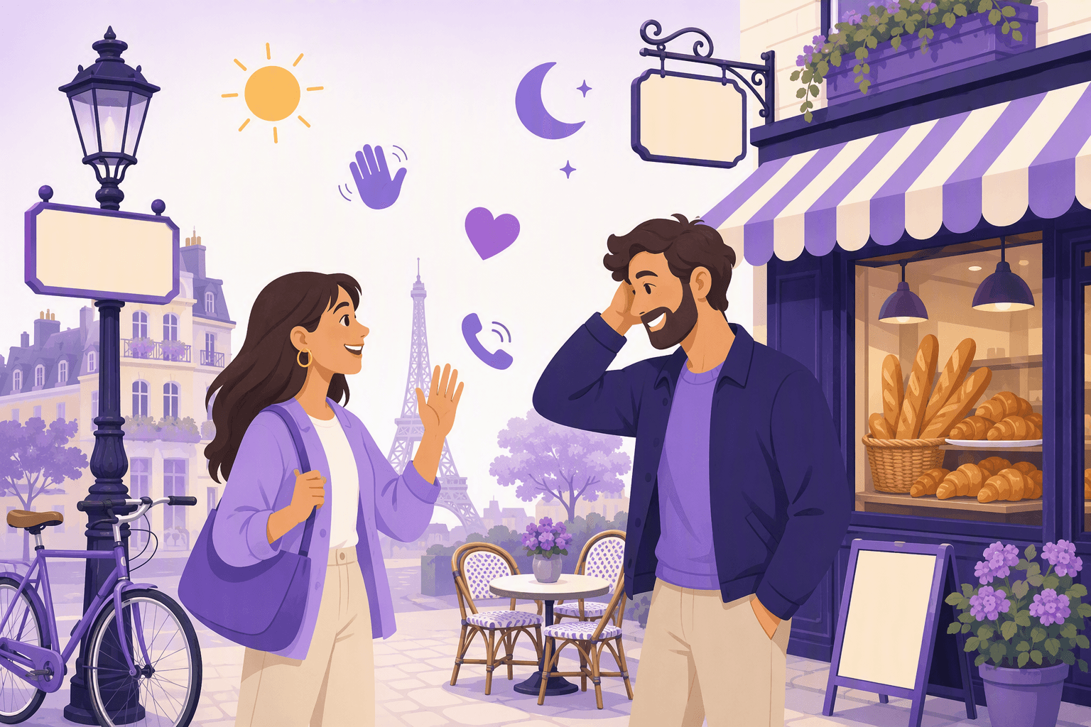Two people greeting each other outside a French bakery on a Paris street, with sun, moon and telephone icons for greetings at different times of day