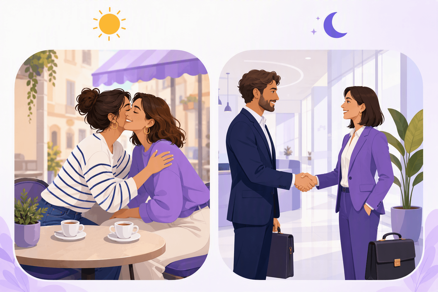 Two panels comparing Italian greeting styles: friends exchanging a two-kiss cheek greeting at a cafe table on the left, two people in business clothes shaking hands in an office lobby on the right