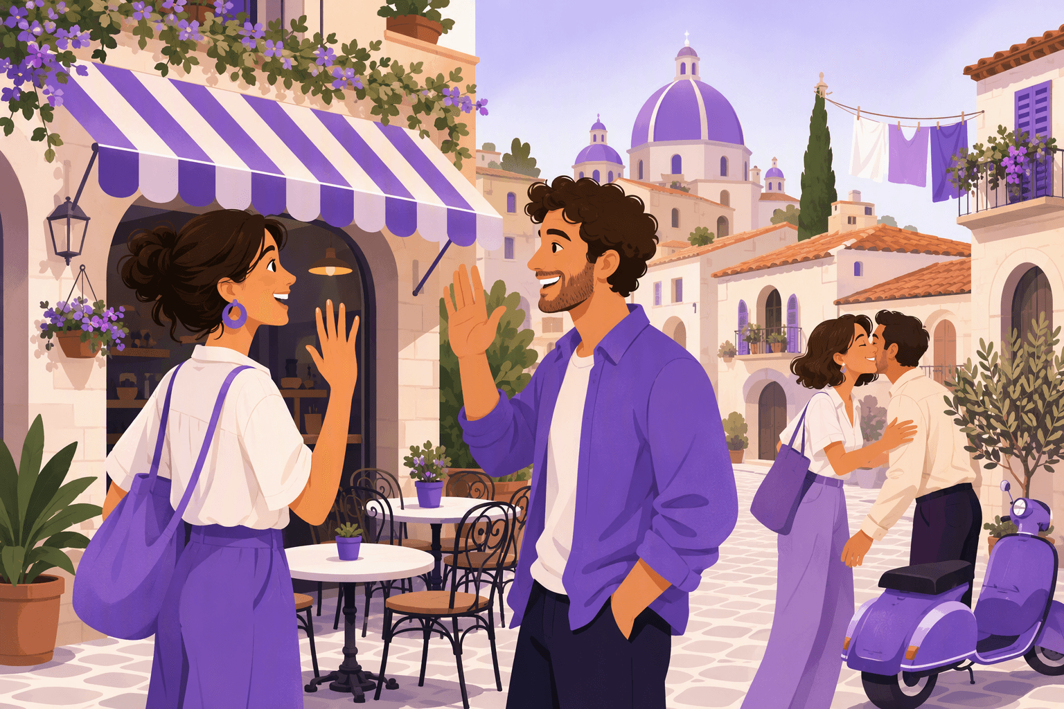 Two friends waving hello to each other on a sunny Italian piazza in front of a cafe, with another pair exchanging a cheek-kiss greeting nearby