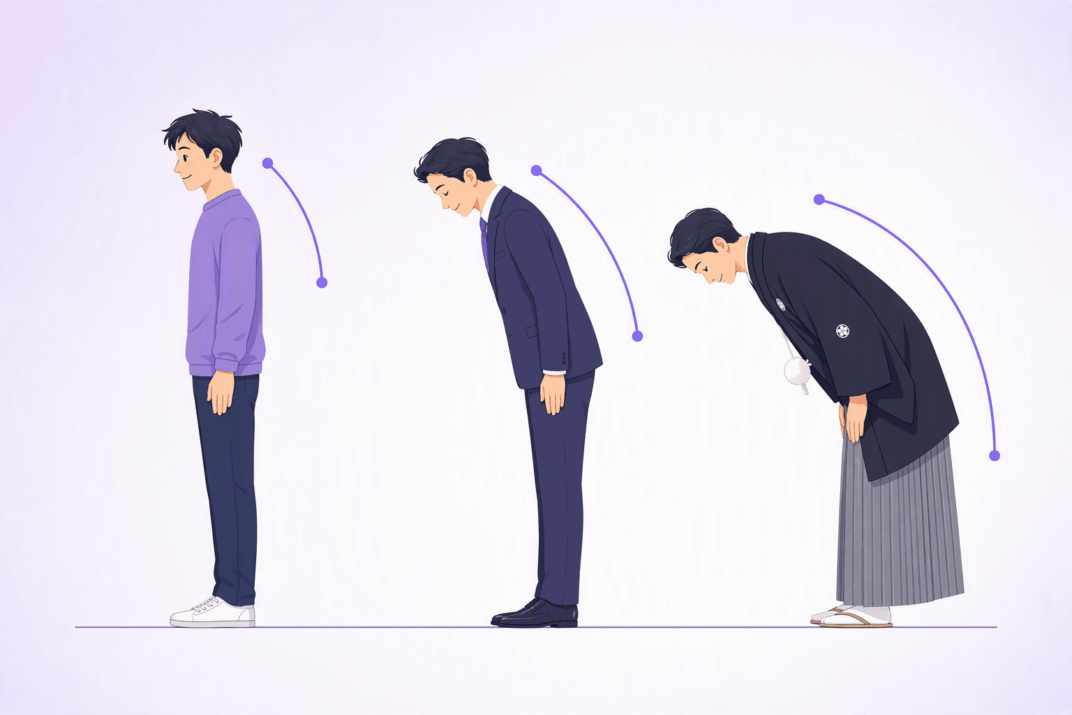 Three side-view figures showing Japanese bow depths: a shallow casual nod, a standard business bow from the waist, and a deep formal bow