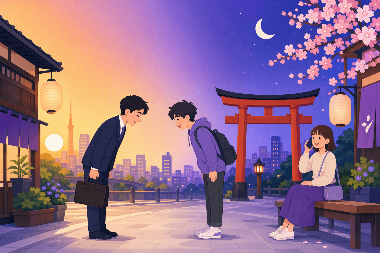 Two people bowing to each other in greeting on a Japanese street at dusk, with a torii gate, paper lanterns and a woman answering her phone nearby