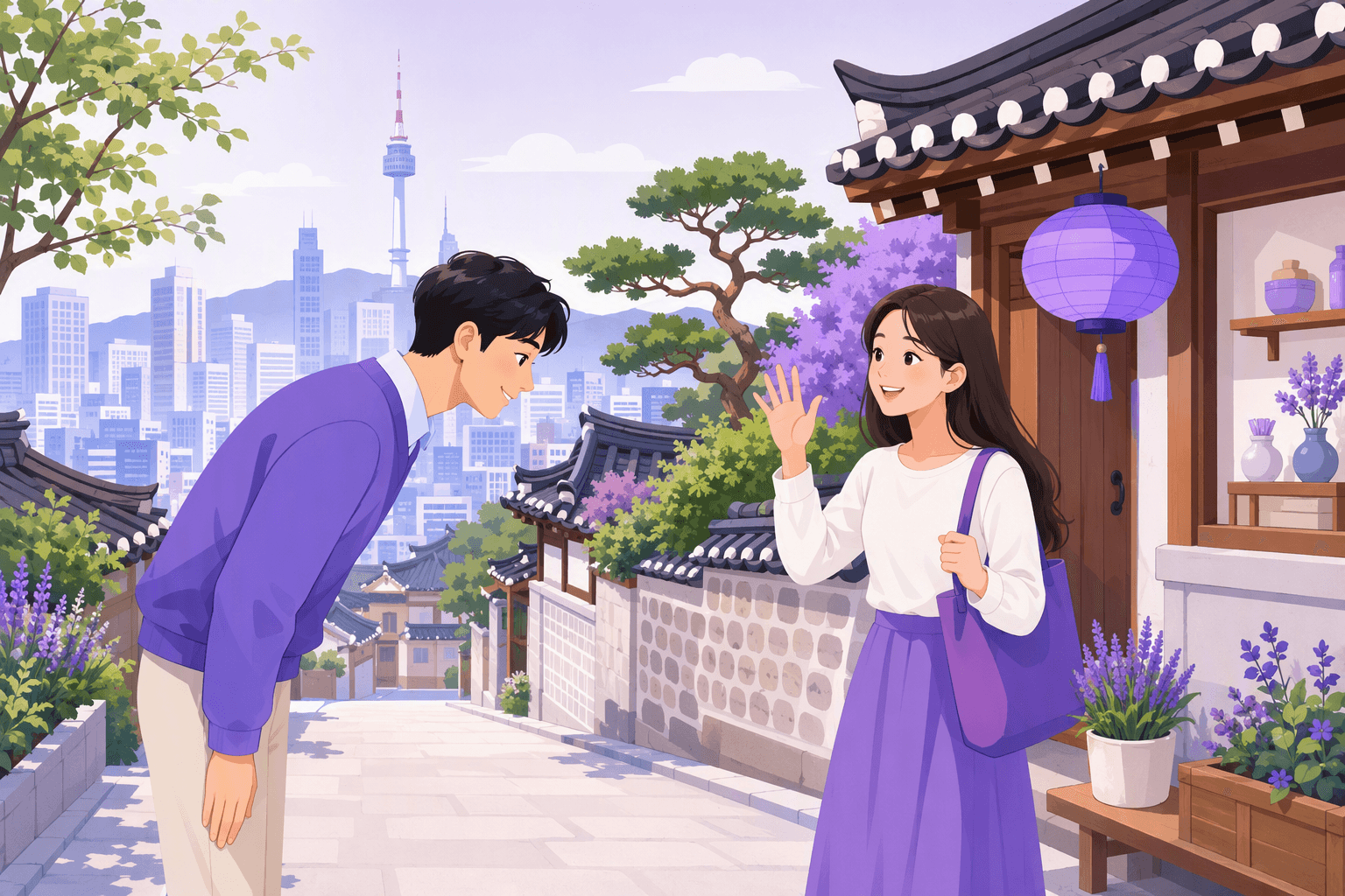 Two young Koreans greeting each other on a Seoul street, one bowing politely while the other waves back