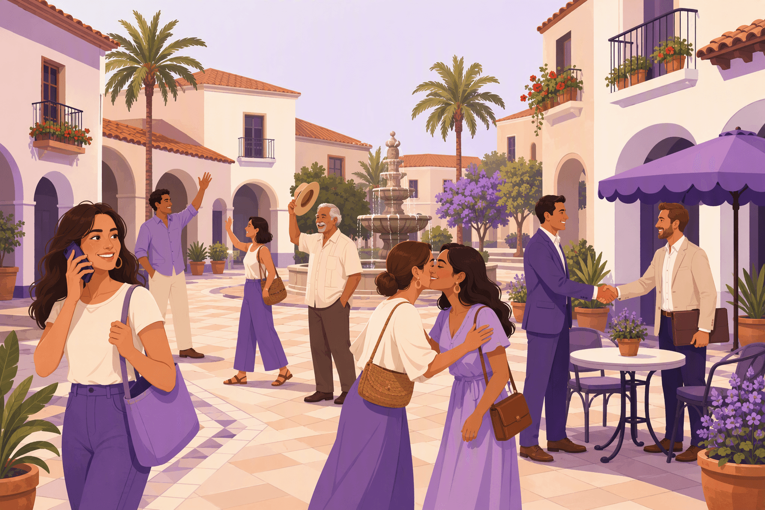 People greeting each other in a sunny Spanish-speaking plaza: a wave across the square, a cheek kiss, a handshake, a raised hat and a phone call