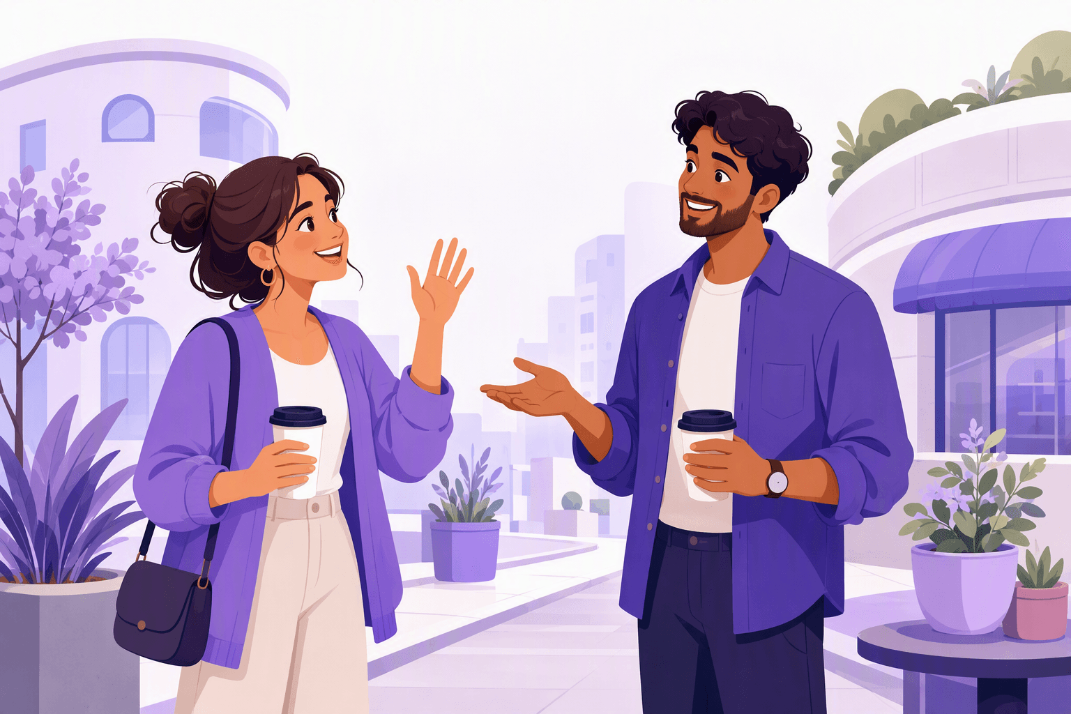 Two friends greeting each other on a sunny street, one waving and the other gesturing with an open palm while asking how they are