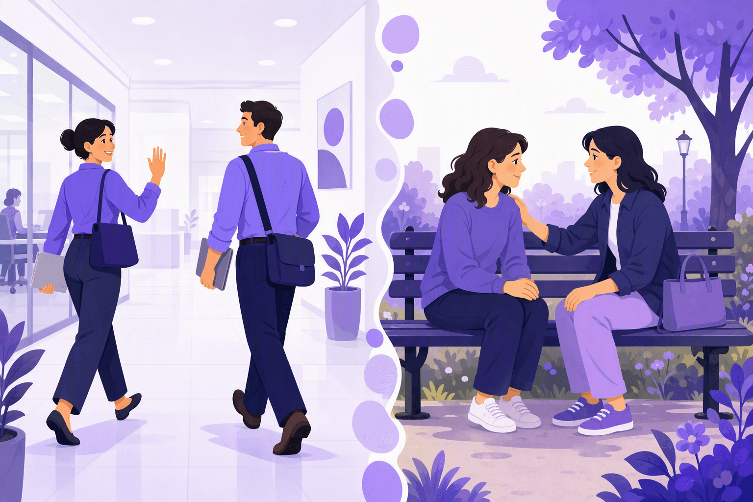 On the left two colleagues wave in passing without stopping, on the right two friends sit facing each other on a bench with a hand on the shoulder