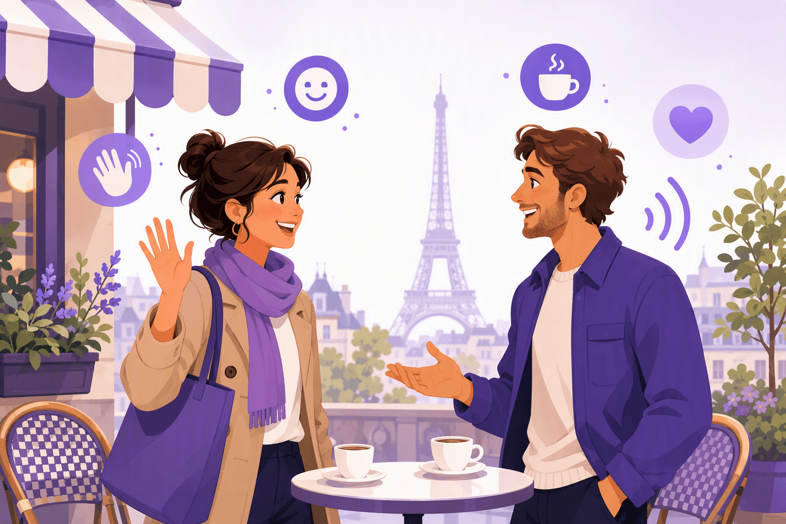 Two people greeting each other at a Parisian cafe terrace, one waving and the other gesturing, with an Eiffel tower silhouette in the background