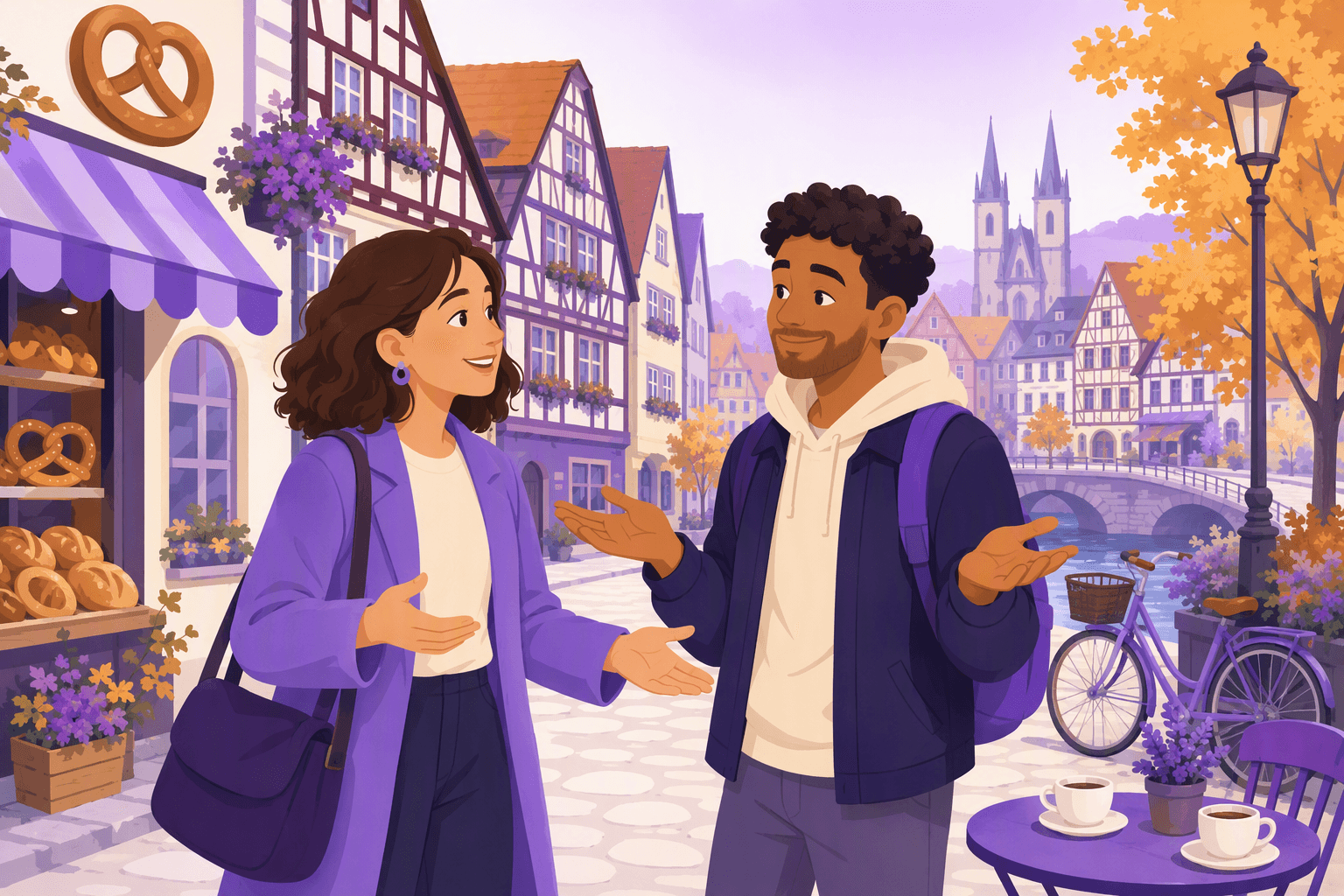 Two friends greeting each other on a German town street with open, welcoming gestures