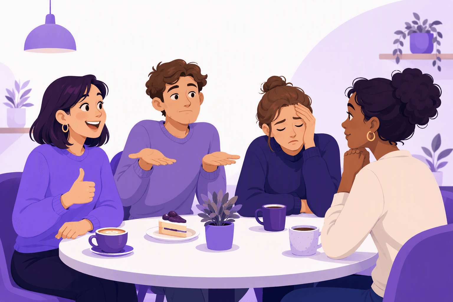 Friends at a cafe table answering honestly: one cheerful with a thumbs up, one giving a so-so shrug, one visibly tired