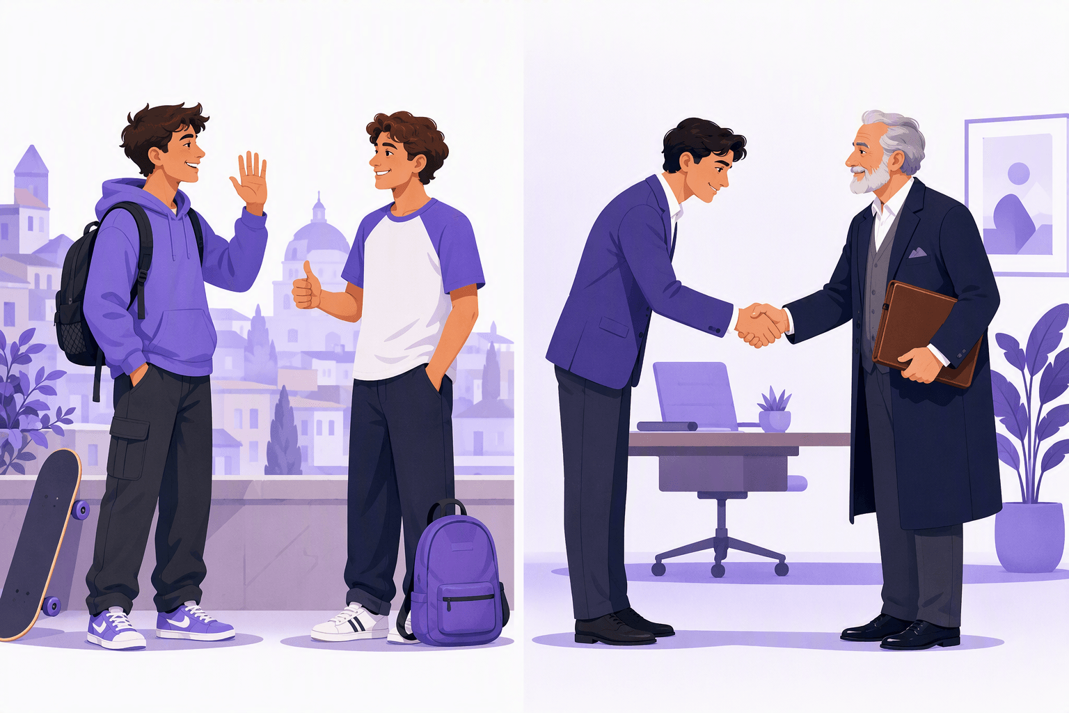 Side by side comparison of a casual greeting between two young friends and a respectful handshake with an older professional
