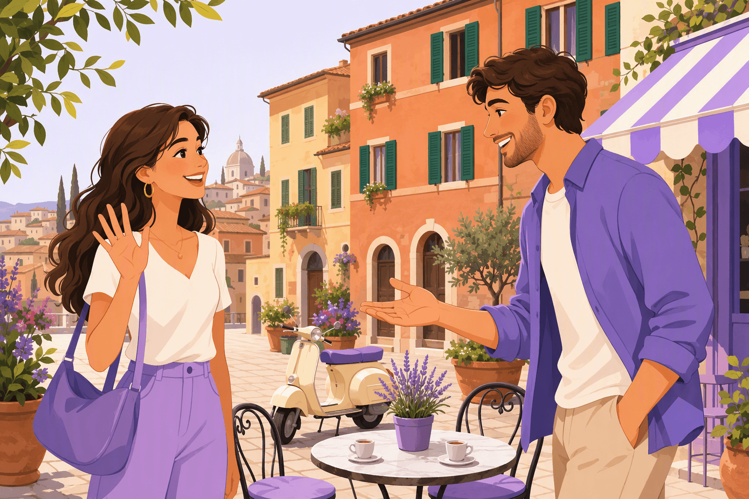Two friends greeting each other warmly on a sunny Italian piazza next to a cafe table with espresso cups