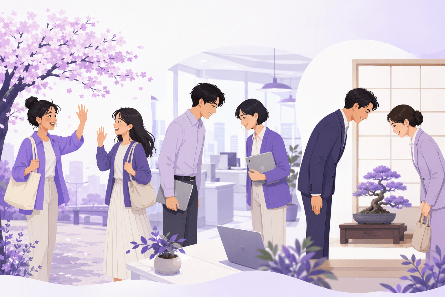 Three Japanese check-in scenes side by side: friends waving under cherry blossoms, colleagues nodding in an office, and two people bowing formally after a long absence