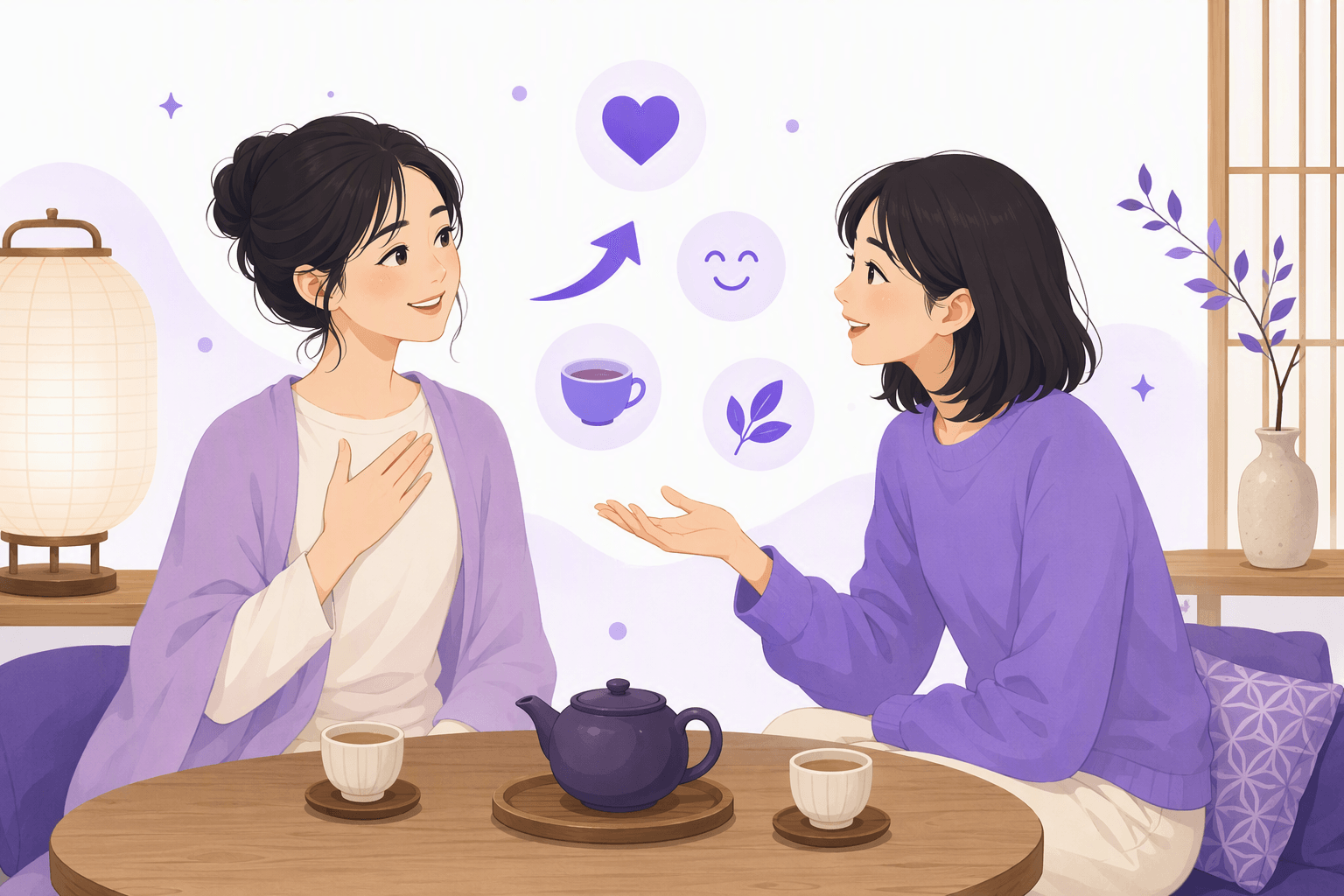 Two friends over tea, one answering a check-in with a hand on her chest in a gesture of gratitude while the other listens with an open, caring gesture