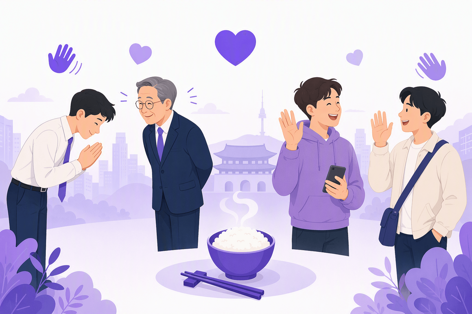 Korean check-in greetings across speech levels: a respectful bow between a junior employee and a senior colleague, two friends waving casually, and a steaming bowl of rice representing the caring 밥 먹었어? check-in