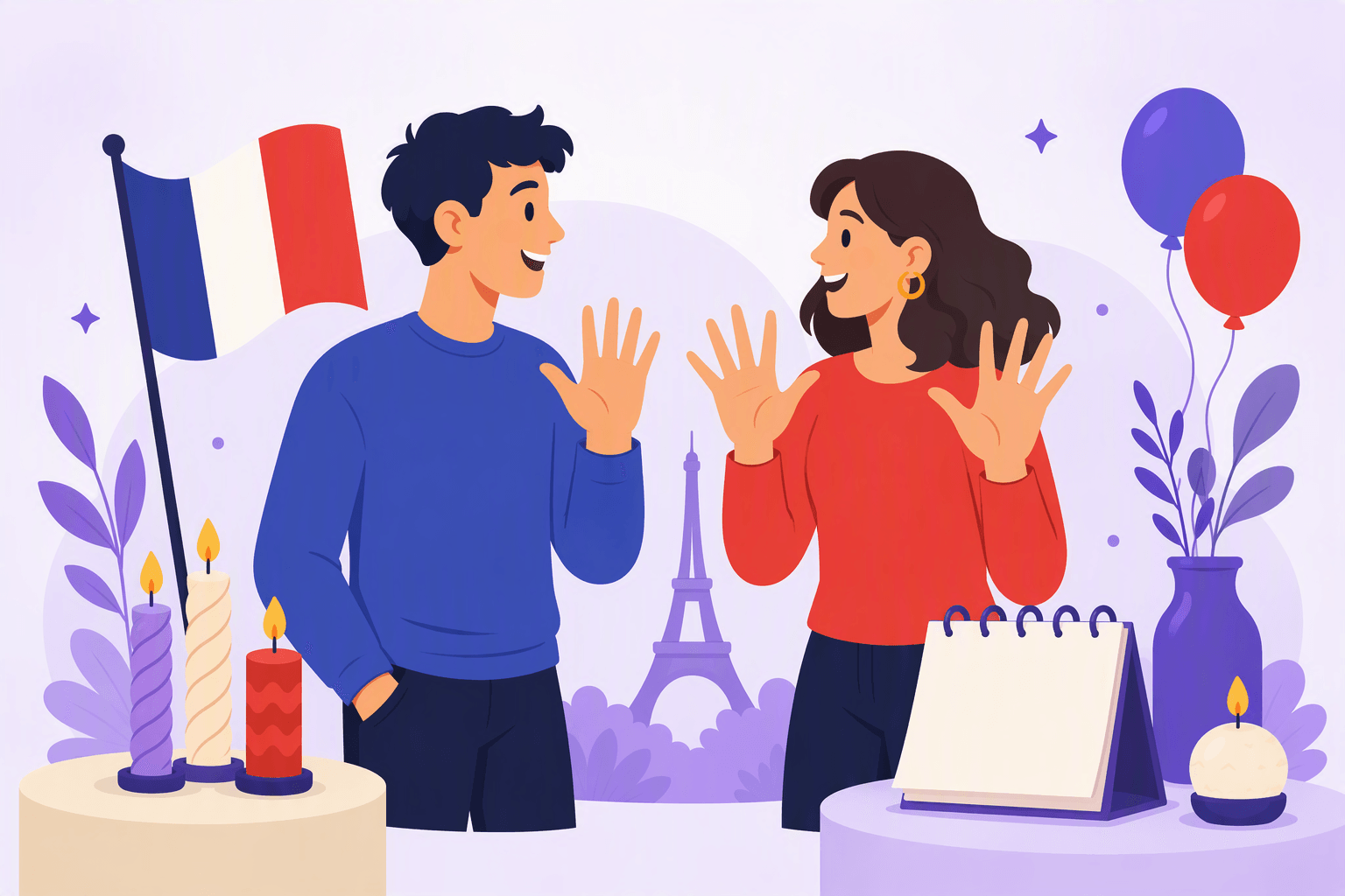 Flat-vector scene of two people discussing age beside a French flag, gesturing with their fingers while birthday candles and a blank calendar suggest counting years.