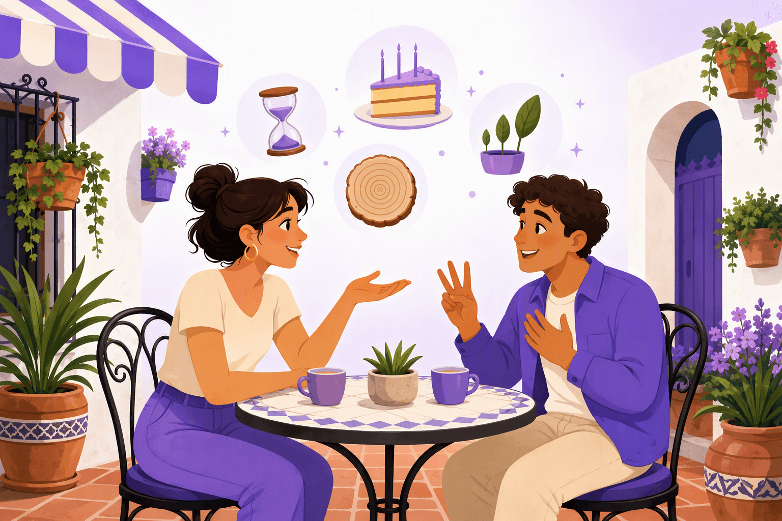 Two people chatting across a cafe table in a Spanish courtyard, one asking a question with an open hand while the other answers by holding up fingers, surrounded by soft symbols of age and time