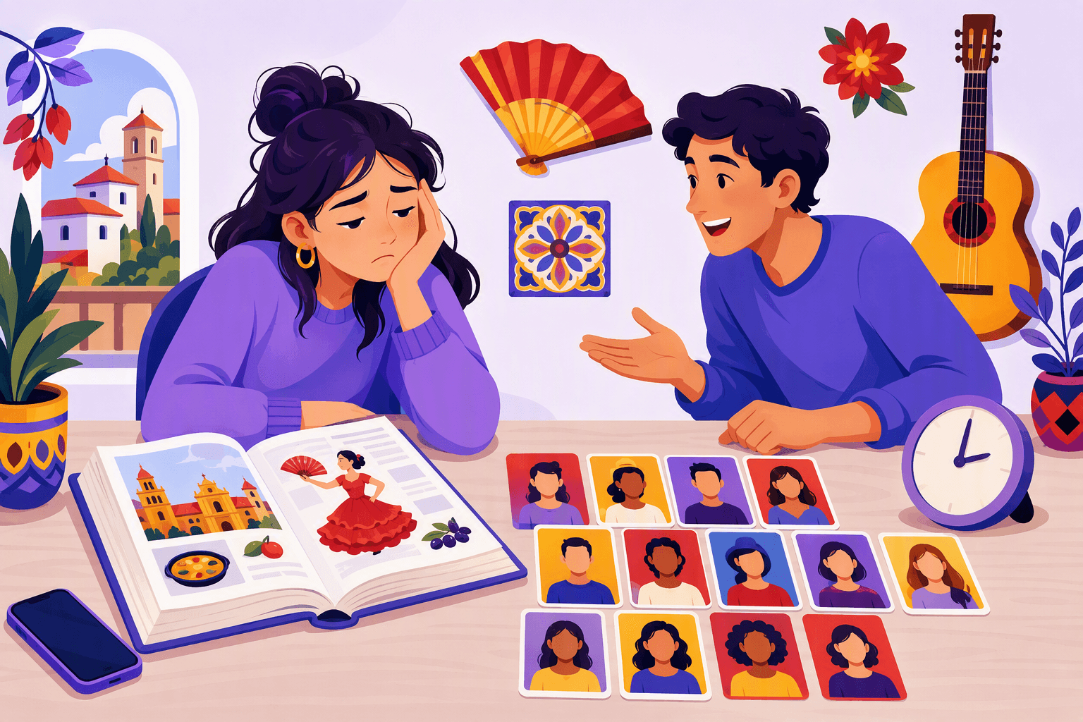 A bored language learner sits at a desk with an open Spanish textbook, phone, clock, and twelve blank phrase cards.