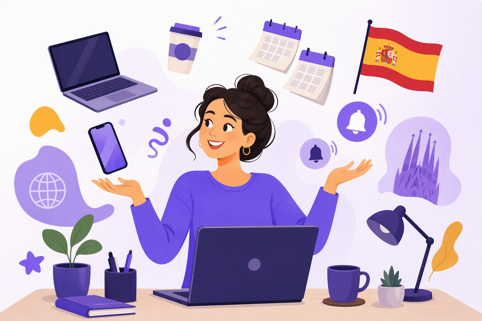 Flat-vector illustration of a person managing a laptop, phone, coffee, calendar pages, and notifications at a desk beside a Spanish flag and abstract language symbols.