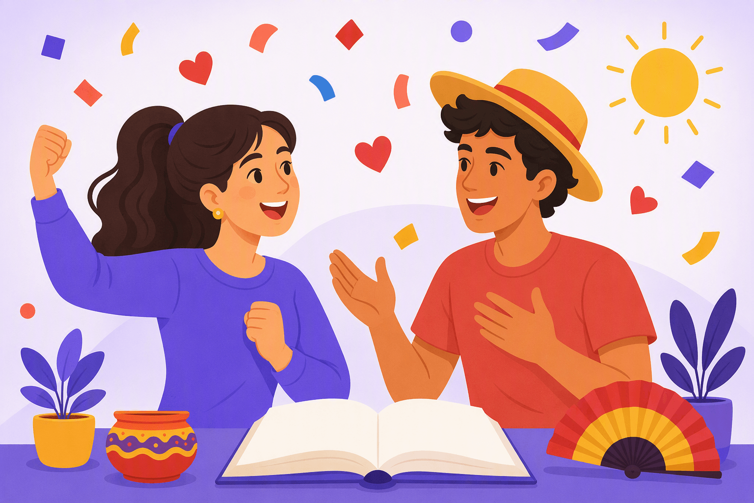 A cheerful language learner celebrates with a Spanish-speaking friend beside an open blank book, surrounded by fifteen colorful confetti shapes, hearts, and sunshine.