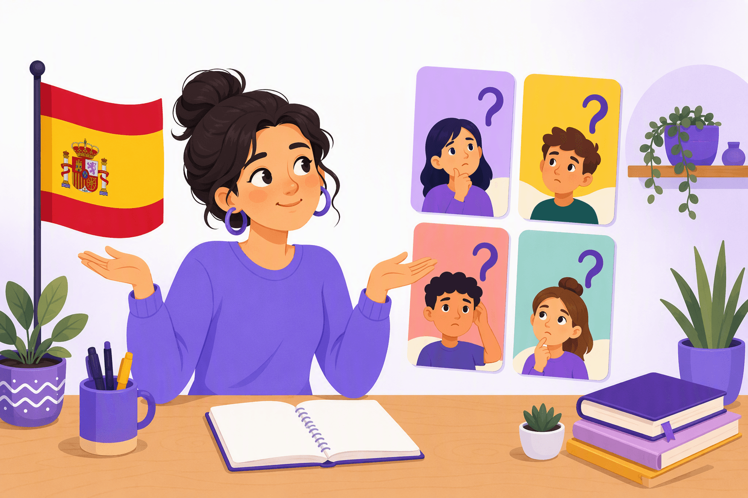 Flat-vector illustration of a Spanish learner shrugging beside a Spanish flag, surrounded by blank flashcards with puzzled faces and question marks and an open notebook.
