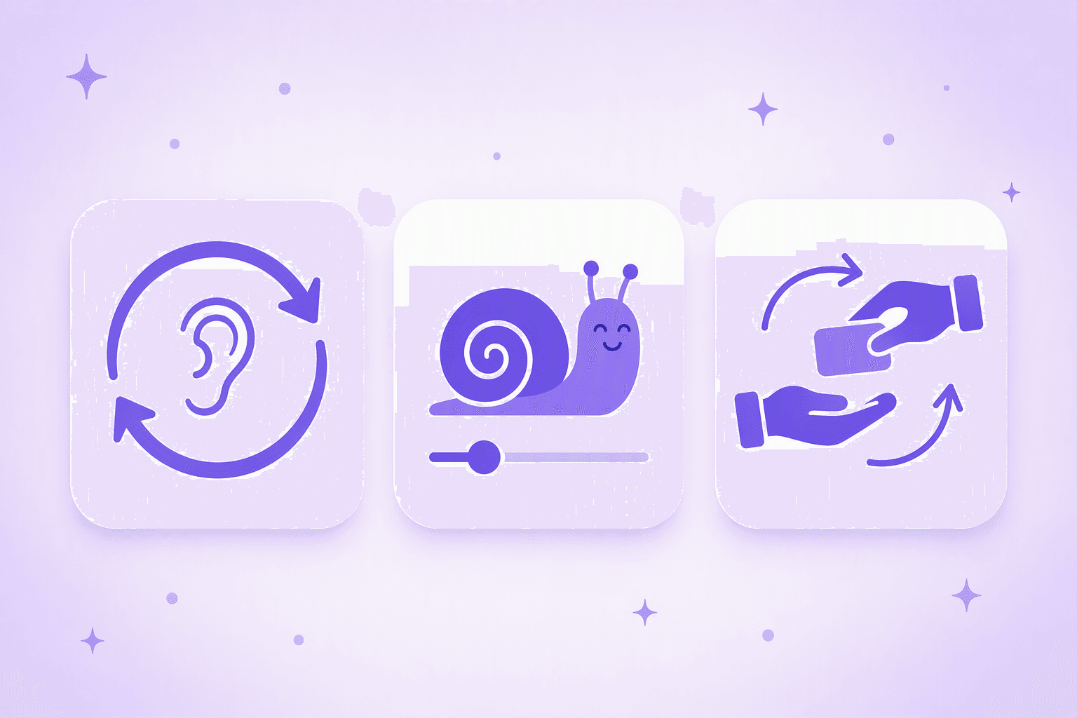 Three simple icon cards showing the three repair requests in French: a loop arrow around an ear for repeat, a snail on a speed slider for speaking slowly, and two hands passing a block for rephrasing