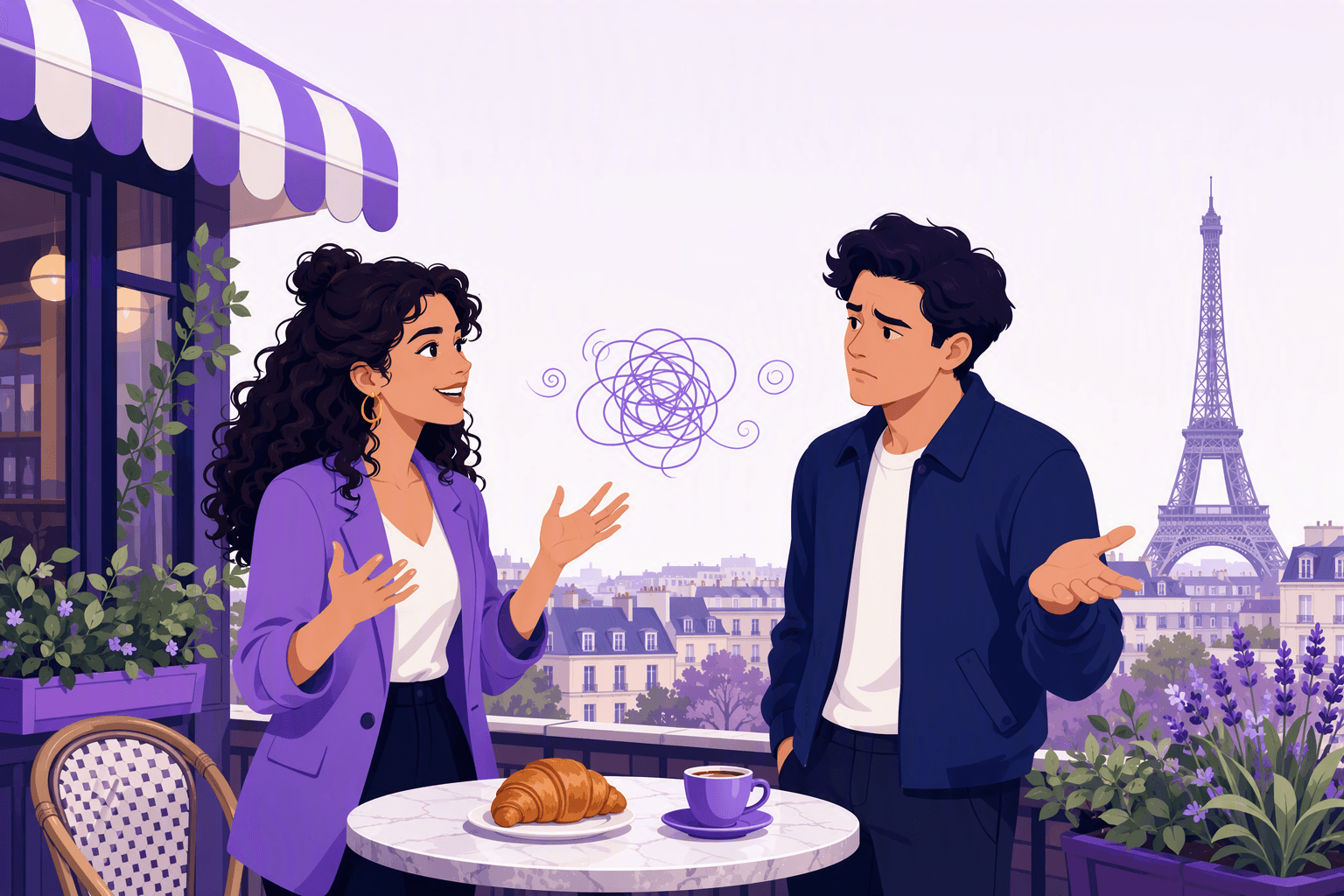 Two people on a Paris cafe terrace, a woman gesturing as she talks and a man shrugging with a puzzled expression under a tangled scribble, illustrating not understanding French