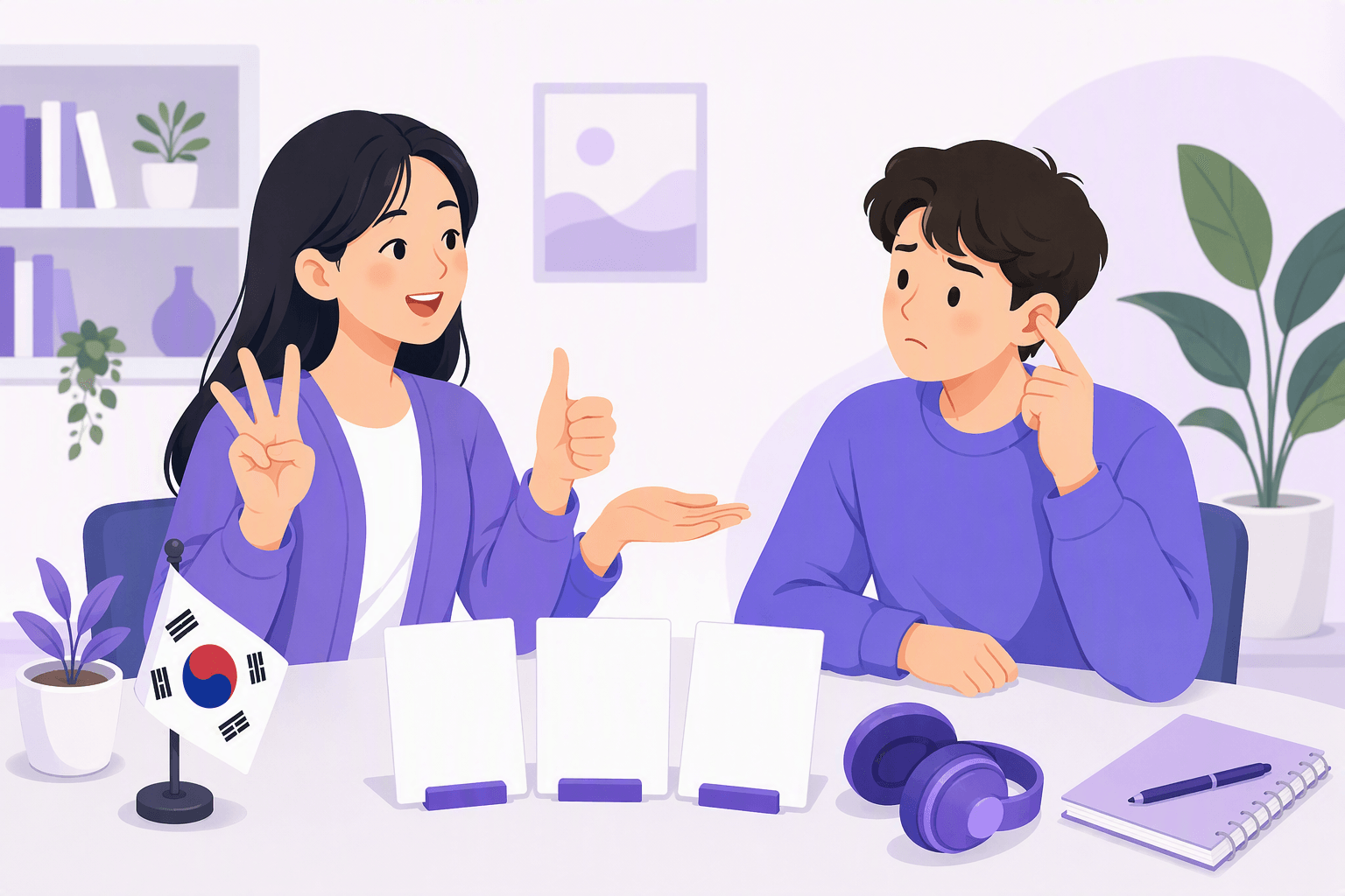 Flat-vector illustration of a learner who looks confused while a Korean tutor gestures during a language lesson, with three blank flashcards, a Korean flag, headphones, and a notebook in a warm classroom.