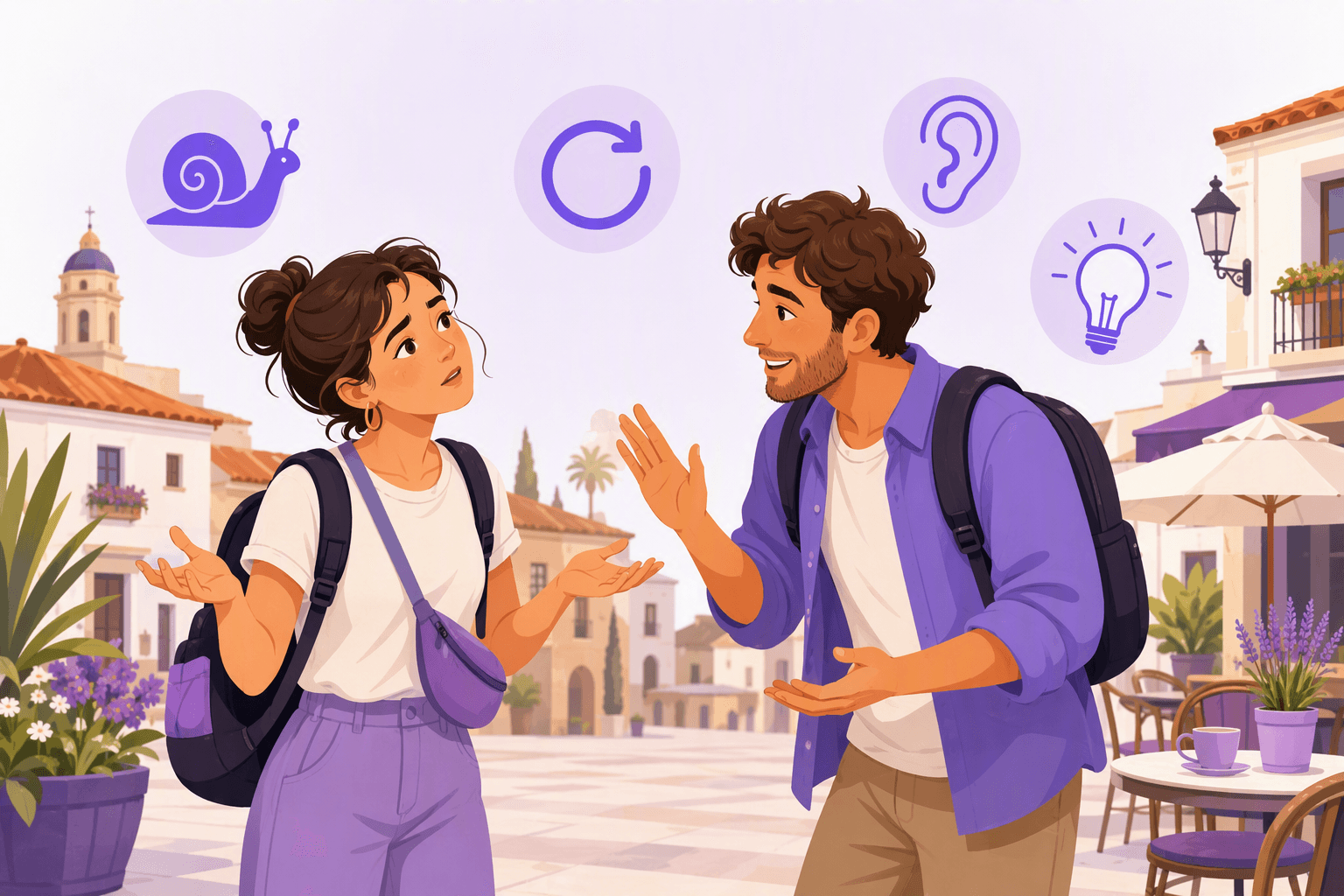 A traveller on a Spanish plaza raising open palms in confusion while a friendly local gestures to slow down and explain again