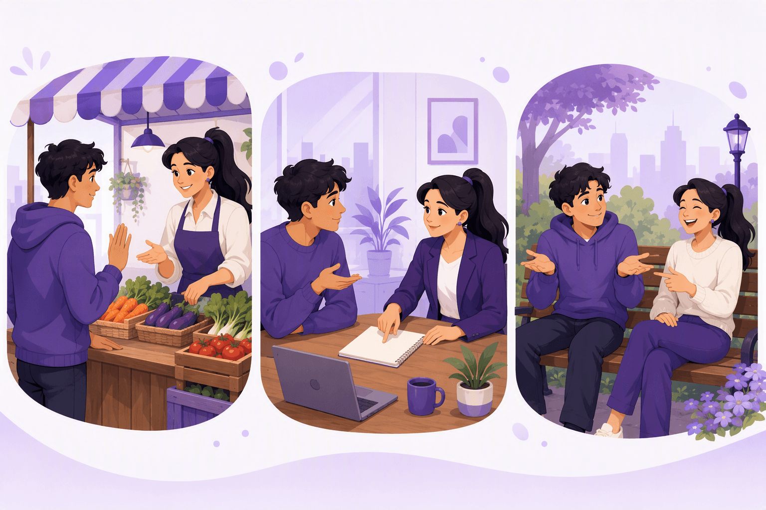 Three side-by-side scenes of asking for clarification in Spanish: at a market stall, in an office meeting and between friends on a park bench