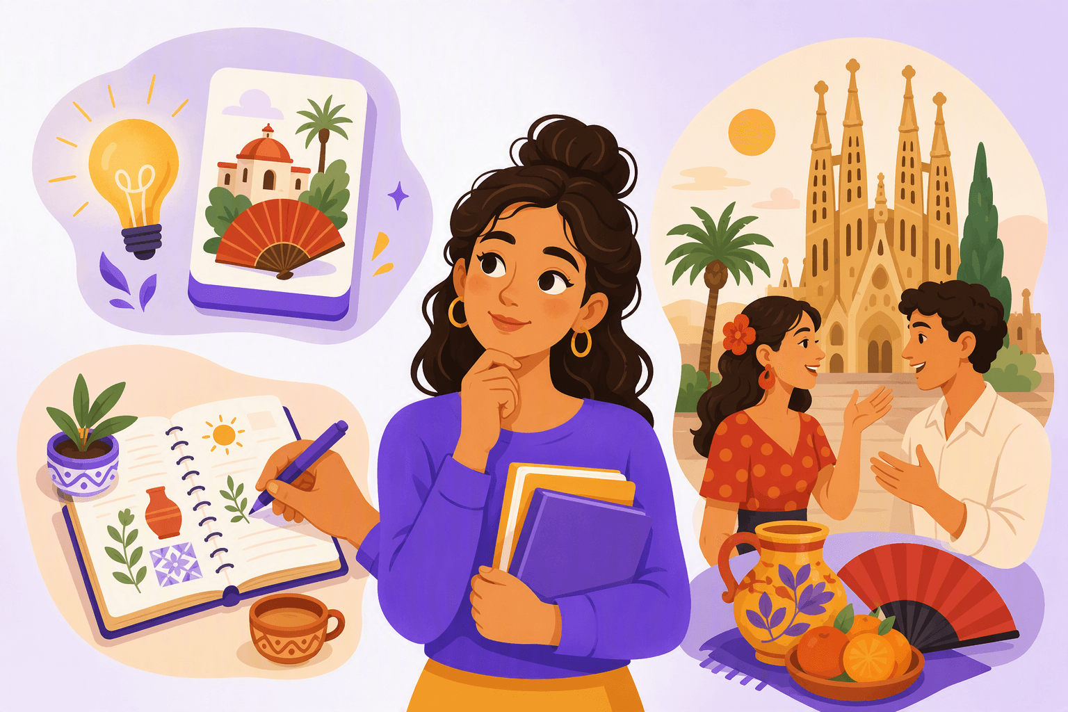 A language learner is shown with visual examples of knowing information, knowing how to do an action, and personally knowing people, places, and objects.