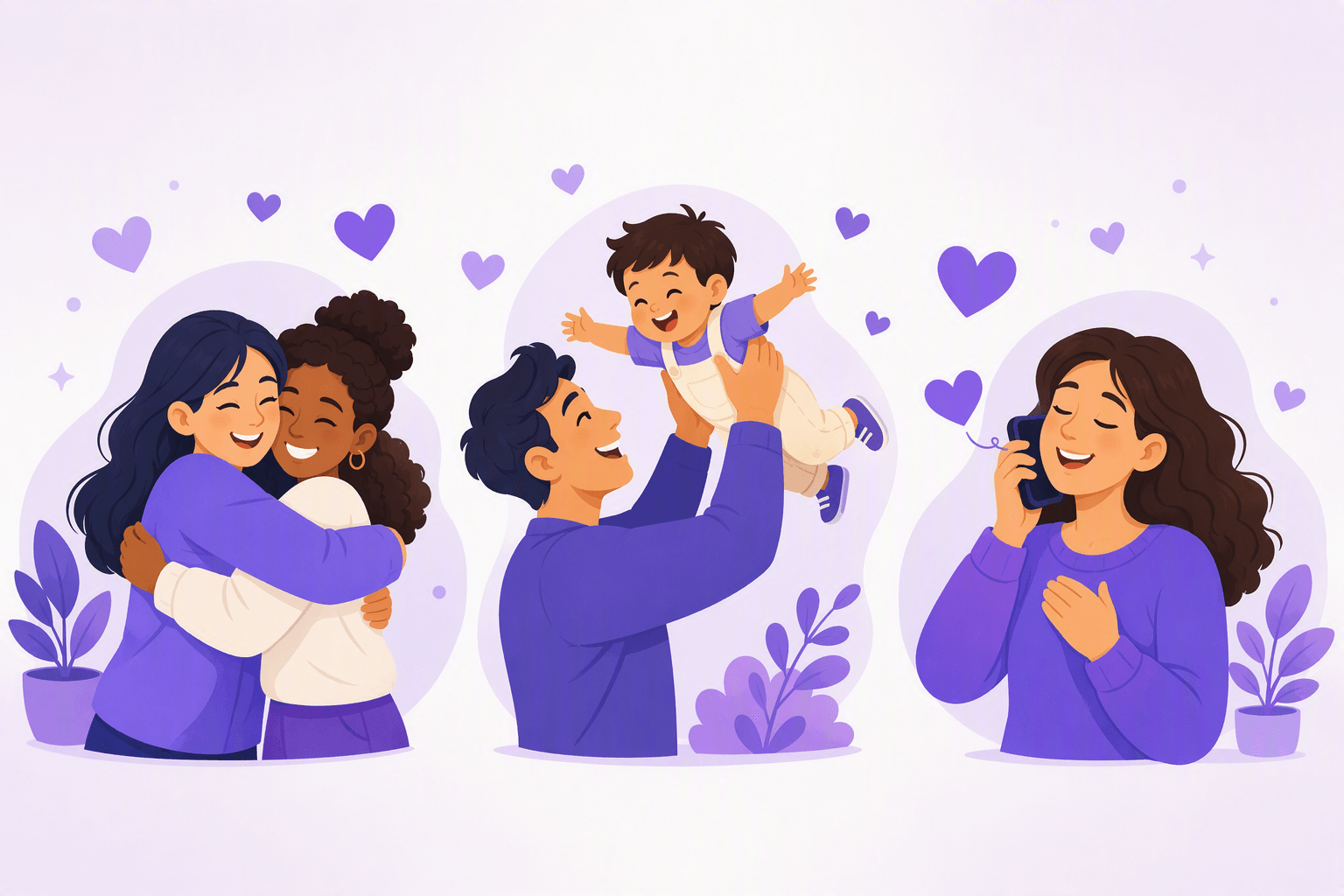 Two friends hugging, a parent lifting a laughing child, and a person smiling on the phone with a heart floating out of it