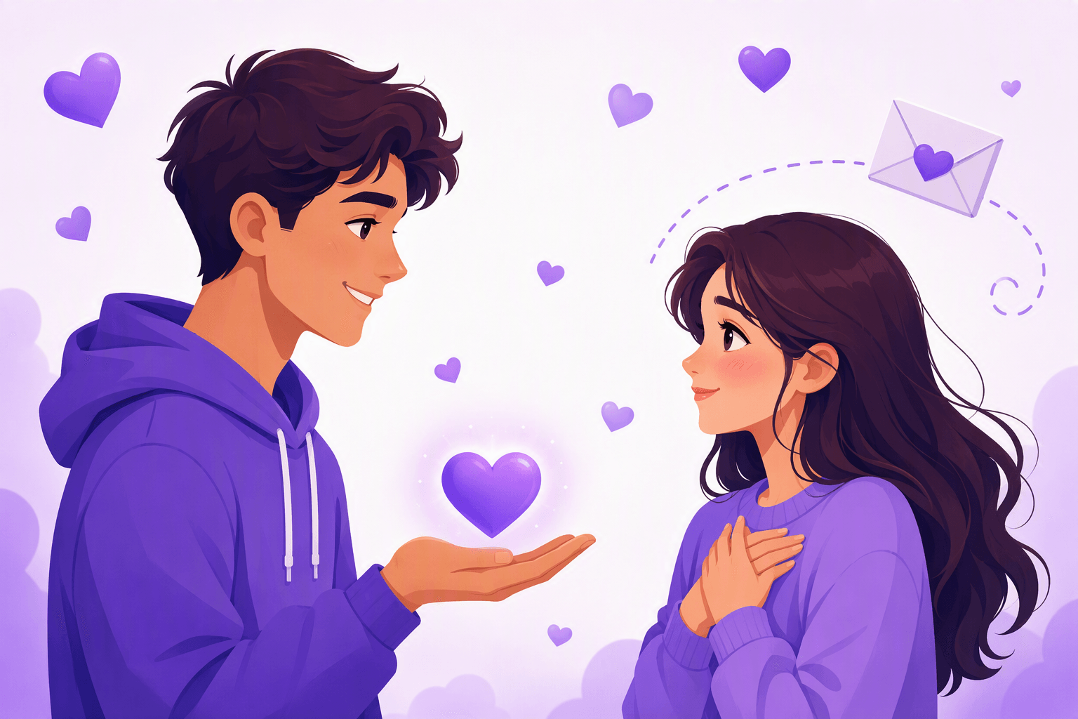 Two young people facing each other, one offering a glowing heart on an open palm while the other smiles with a hand on her chest, surrounded by floating hearts and a heart-sealed envelope