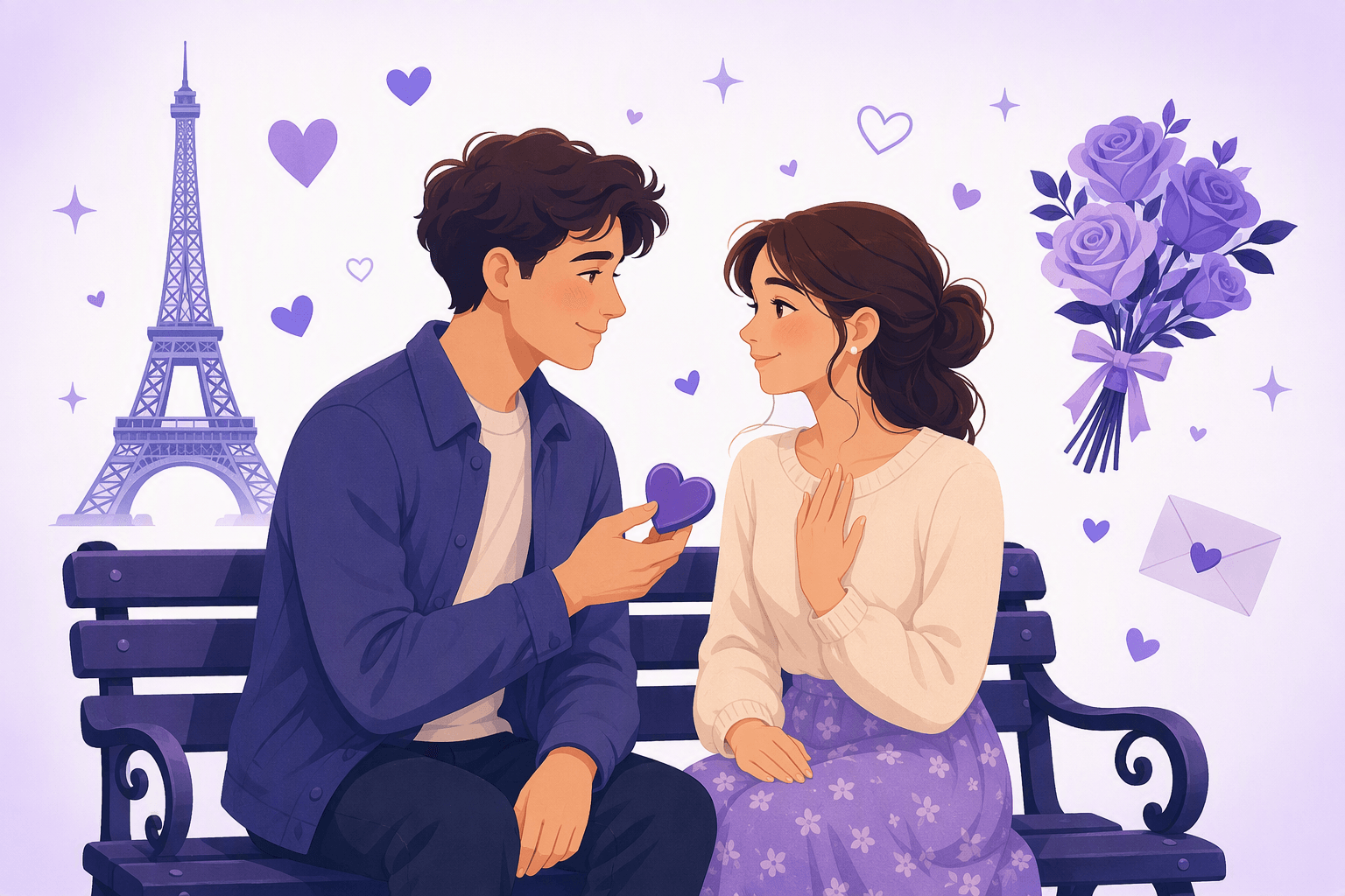 A couple on a Parisian park bench exchanging a heart token, surrounded by roses, hearts and the Eiffel tower
