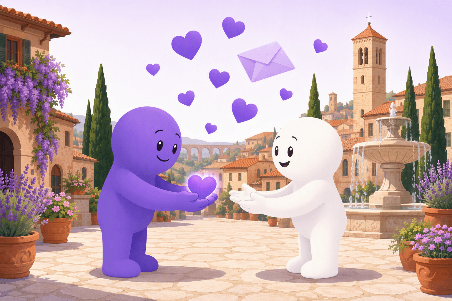 Two friendly characters in a sunlit Italian piazza, one handing a glowing heart to the other beneath floating hearts and a love letter, framed by terracotta rooftops, cypress trees and a stone fountain