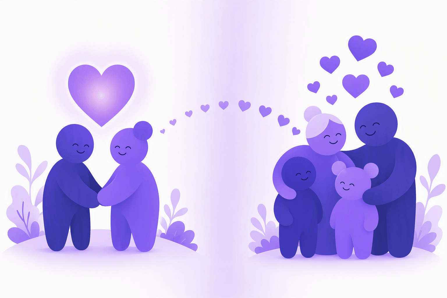 Split illustration contrasting a romantic couple holding hands beneath a single large heart with a warm family group of four gathered under a cluster of small hearts