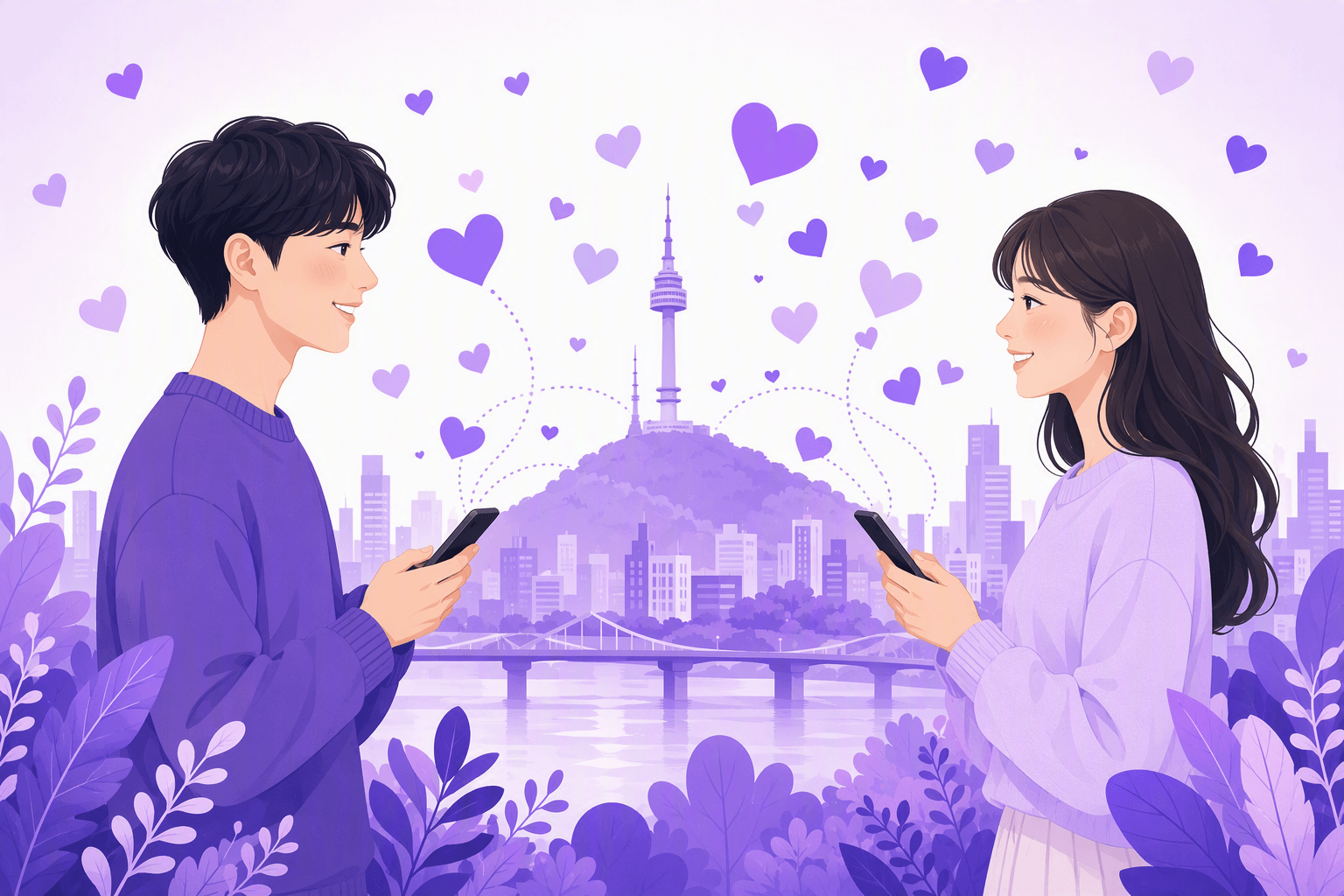Illustration of a young Korean couple holding their phones as hearts float between them along dotted arcs, with the N Seoul Tower skyline in the background