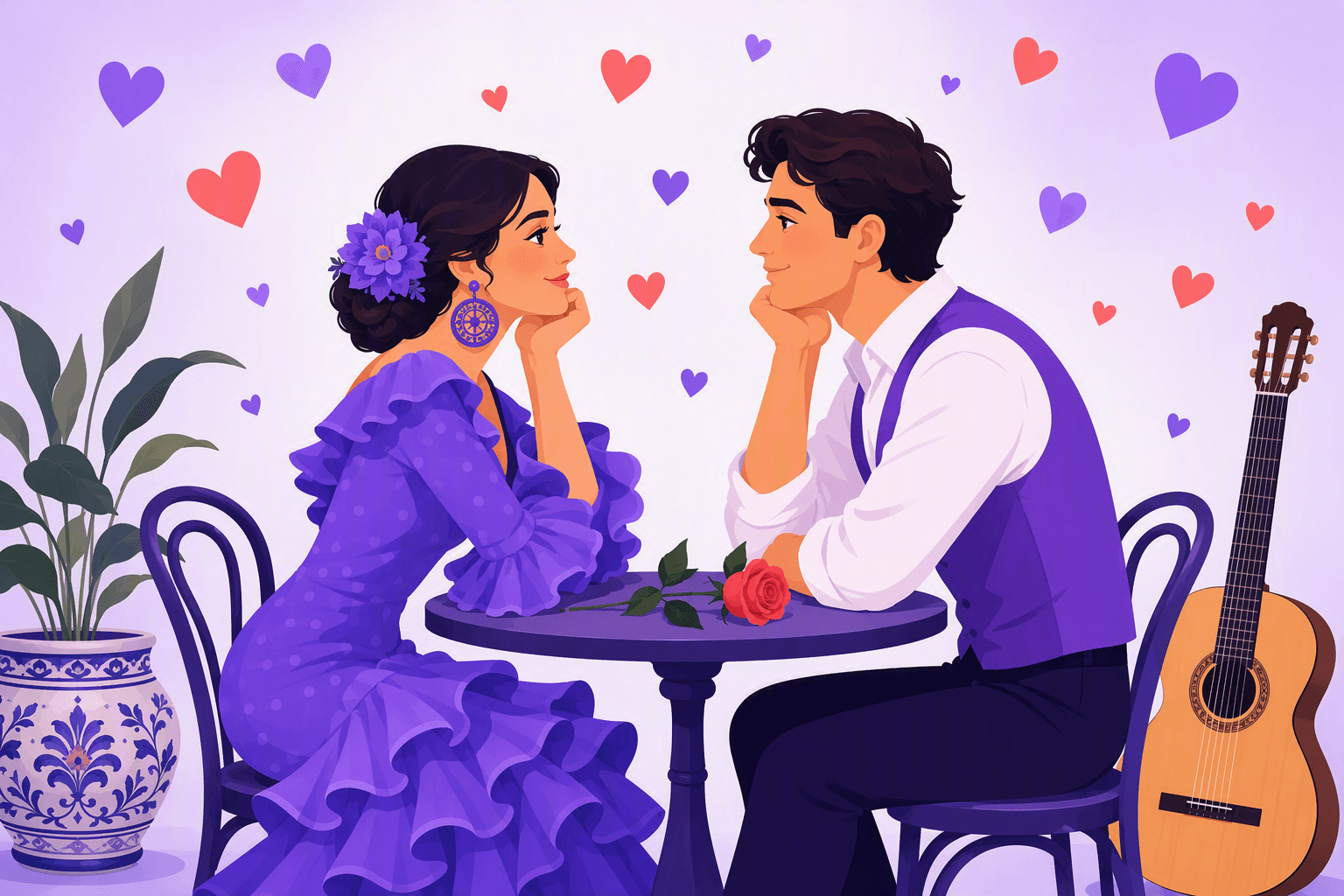 Illustration of a couple gazing at each other across a cafe table with a red rose, floating hearts and a Spanish guitar, symbolizing saying I love you in Spanish